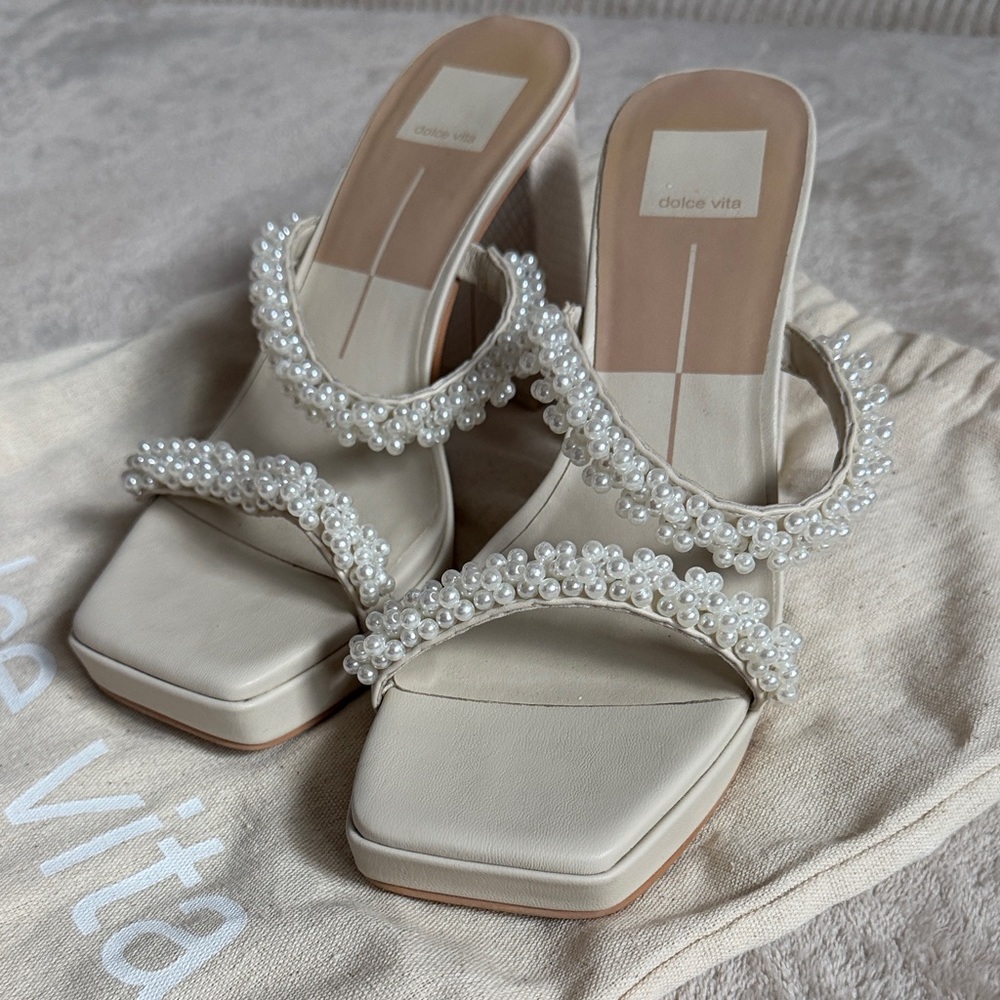Dolce Vita Pearl-Adorned Cream Heels - Picture 2 of 4